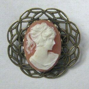 Plastic Faux Cameo Brooch Pin Goldtone Vintage 1980 Jewelry Metal Filigree 1 inc